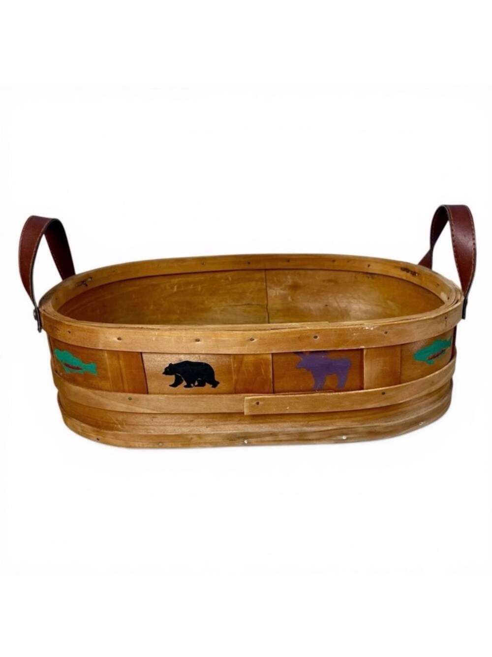 Vintage Rustic Wood Gathering Basket Trug Leather Handle Bear Fish Cabin 15x9x4